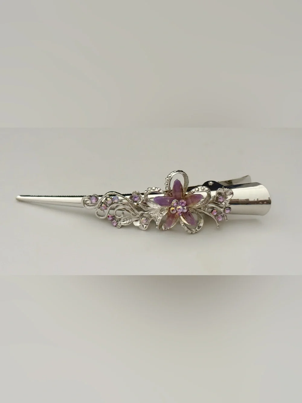 2 Silver-Tone Floral Hair Clamps with Lavender Crystals - Women Accessories